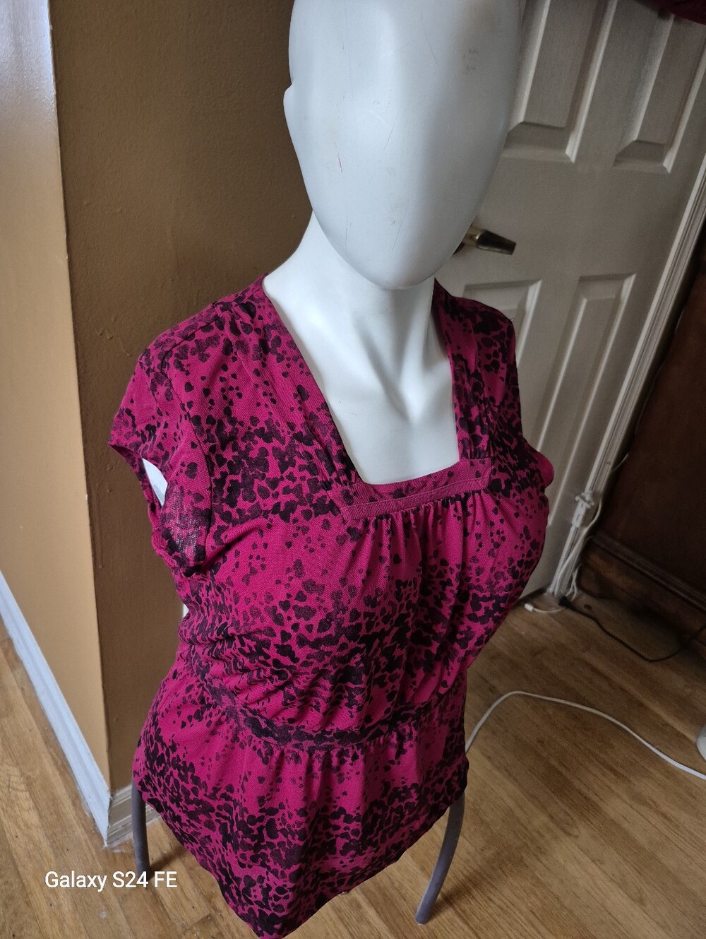 DKNY Hot Pink with Black Abstract Print Square-Neck Blouse